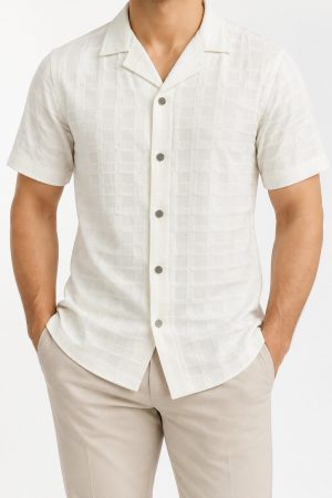 White Textured Mandarin Collar Shirt